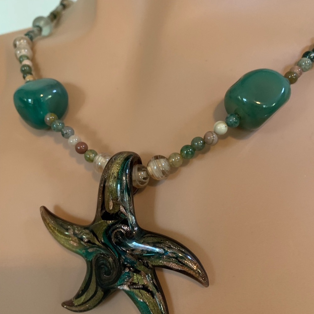 OOAK Murano Starfish w/Vintage Jade Jasper Agate Sea Glass Necklace - Picture 2 of 16